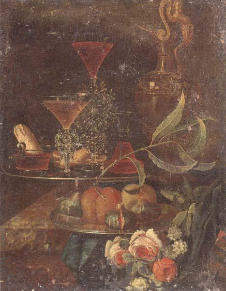 unknow artist Still Life of wine-glasses,a decanter,a glass bowl,sweet breads,figs and peaches upon pewter plates,together with a gilt ewer and flowers,all upon a m Norge oil painting art